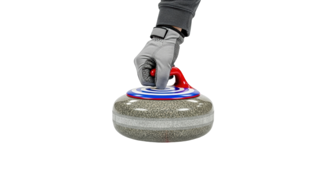 Person holding curling stone with detailed glove grip on black background