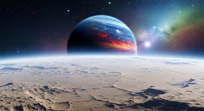 Vast alien planet with fiery atmosphere and distant starfield in deep space exploration