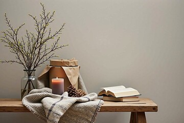Cozy interior with open book, candle, and branches on wooden table