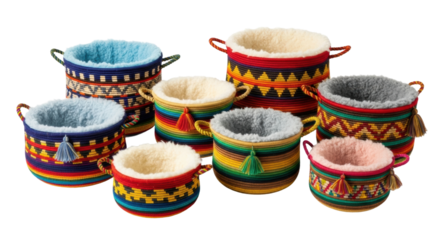 Colorful woven baskets with soft liners and tassels in varied sizes and patterns