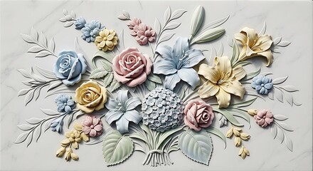 Delicate pastel floral relief sculpture with roses lilies and hydrangeas on a textured background