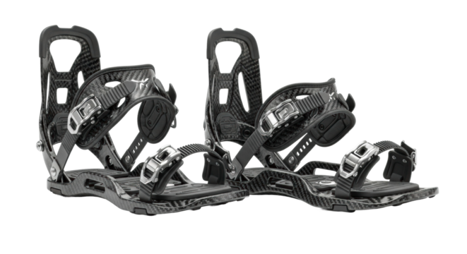 Carbon fiber snowboard bindings with metal buckles and adjustable straps in black