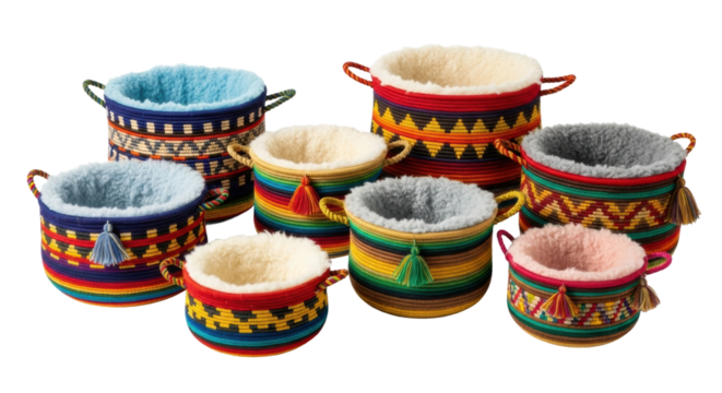Colorful woven baskets with soft liners and tassels in varied sizes and patterns