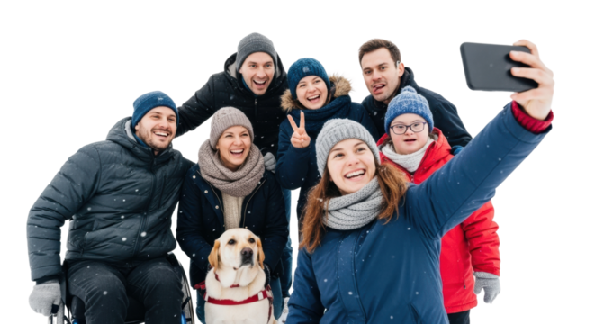 Diverse group enjoying snow day with dog, taking selfie outdoors
