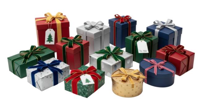 Assorted festive gift boxes with decorative bows for celebrations and holidays