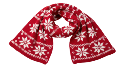 Red knitted scarf with white snowflake patterns on black background