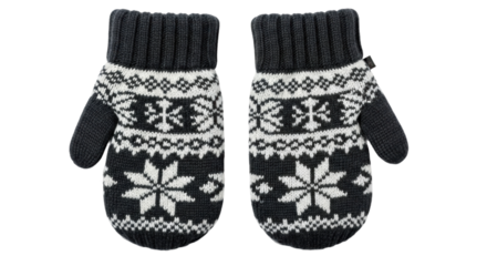 Black and white snowflake pattern mittens on black background