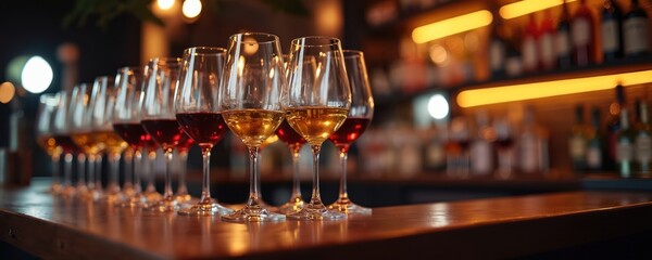 Fototapeta premium Line of wine glasses filled with red and white wine sit on bar counter. Blurred bottles and soft yellow lights in background create ambiance. Elegant tasting event setting.