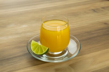 Fresh orange juice glass with lime slice on wooden table, refreshing citrus beverage, healthy morning drink, natural fruit juice photography