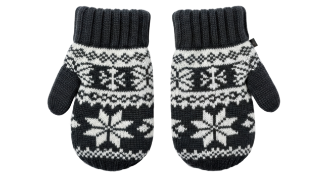 Black and white snowflake pattern mittens on black background