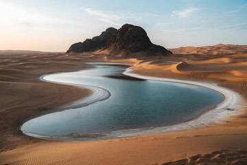 Stunning desert oasis landscape with winding blue water, golden sand dunes, rocky mountain backdrop, serene natural scenery and soft sunset lighting