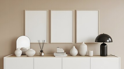 Minimalist modern home interior with three blank wall art frames, neutral decor accents, ceramic vases, stylish lamp, and clean contemporary design