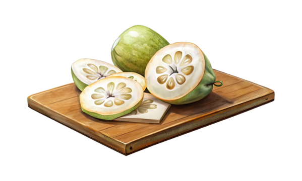 Sliced Monk Fruit Displayed on a Wooden Cutting Board on Black Background
