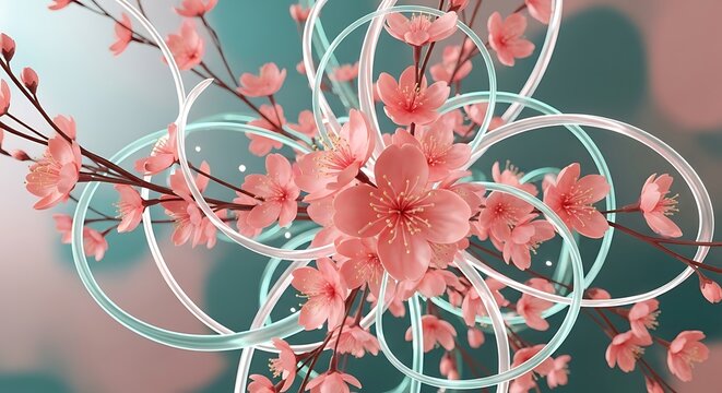 Delicate pink cherry blossom branches with abstract swirling light trails in soft teal background