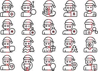 Collection of christmas avatar icons with santa hats isolated on white background, featuring various professions and festive elements for holiday designs