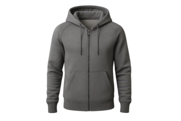 Gray hoodie with zipper isolated on transparent background, sportswear mockup