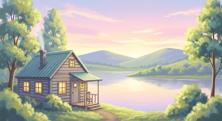 Idyllic countryside scene of cozy cabin on tranquil lake at sunset
