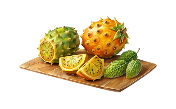 A visually appealing arrangement of Kiwano fruits on a wooden serving board