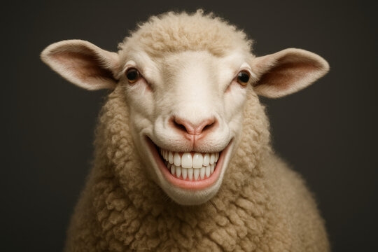 A surreal, funny portrait of a sheep with a huge human smile and perfect white teeth. Bizarre anthropomorphic animal concept on a dark background.