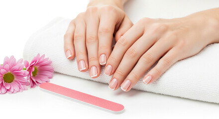 Elegant female hands with a classic French manicure resting on a white towel in a beauty salon.