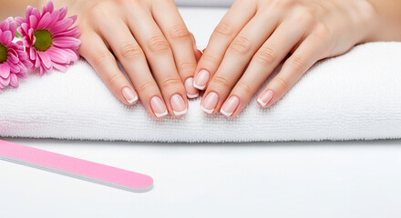 Elegant female hands with a classic French manicure resting on a white towel in a beauty salon.