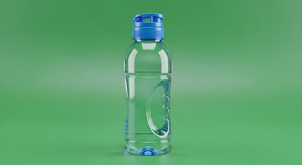 A clear plastic water bottle with a blue cap filled with water, set against a vibrant green background, highlighting hydration and environmental themes