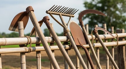 Collection of traditional gardening tools including shovel rake hoe and sickle leaning against a bamboo fence