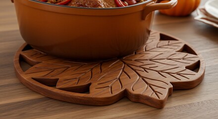 Wooden leaf-shaped trivet supporting a pot of food on a table.