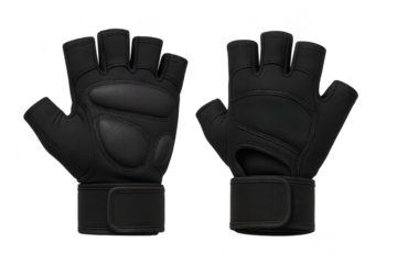 Pair of black leather gym gloves isolated on a transparent background, studio shot