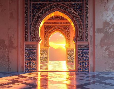 Ornate Moorish archway at sunset with vibrant tiles and warm lighting