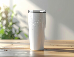White Insulated Tumbler with Water Droplets on Wooden Table in Natural Sunlight &ndash; Modern Reusable Drinkware Mockup for Hot and Cold Beverages