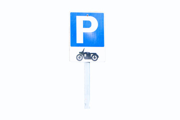 Sign blue aluminum for motorcycle parking area isolated on white background. Organizing traffic and parking in public. Sign with letter P and icon drawing of motorcycle as symbol.
