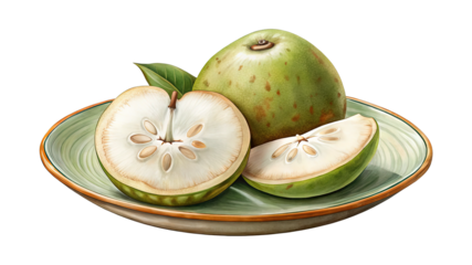 Illustration of a sliced green star apple on a plate, artistic design