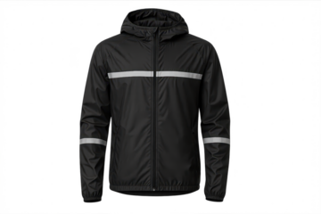 Black hooded raincoat isolated on transparent background with reflective strips