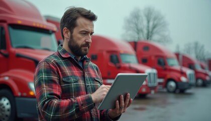 Man checks fleet trucks with digital tablet. Logistics manager uses device for vehicle data. Trucking pro plans route outdoors. Modern transport industry work.