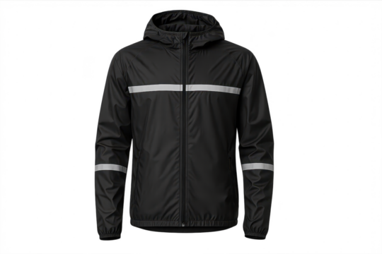 Black hooded raincoat isolated on transparent background with reflective strips