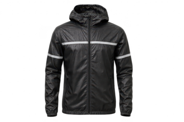 Black hooded rain jacket isolated on transparent background for easy layering