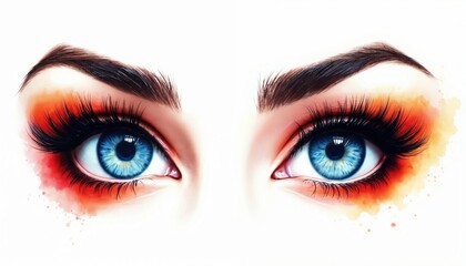 Fototapeta premium Close up of bright blue eyes with vivid orange and red eyeshadow, long lashes. Expressive eyebrows frame the face. Beauty makeup illustration.