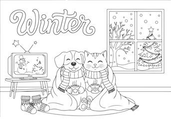 Cozy Winter Coloring Book Page Dog and Cat Snuggled Up Indoors