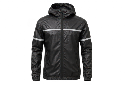 Black hooded rain jacket isolated on transparent background for easy layering