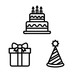 Party Icon Set Birthday Cake Present Box Hat Outline Vector