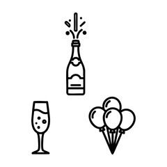 Celebration Icon Set Champagne Bottle Glass Balloon Outline