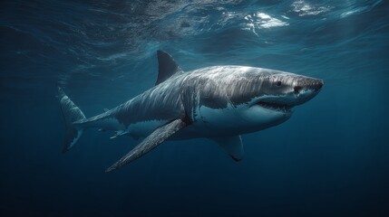 Fototapeta premium A majestic great white shark swims underwater. Sunlight filters creating a beautiful contrast against its white belly and gray back