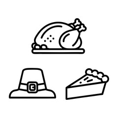 Thanksgiving Icon Set Turkey Pilgrim Hat Pie Slice Outline