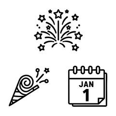 New Year's Eve Icon Set Firework Party Horn Calendar Outline