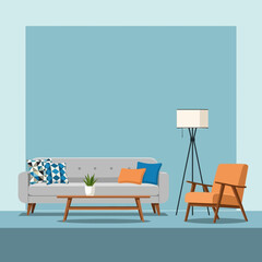Vector illustration of modern living room interior with sofa, chair and decor