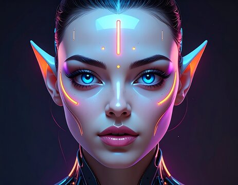 Close-up of a futuristic woman with glowing eyes and accents - Powered by Adobe