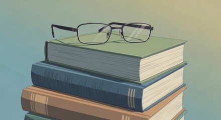 A serene illustration featuring a stack of classic books topped with eyeglasses, symbolizing