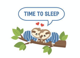 Fototapeta premium A mother and her baby sloth are dozing on a branch, a family of relaxed creatures napping in a jungle tree, depicted as charming cartoon figures against a white backdrop in a hand‑drawn vector