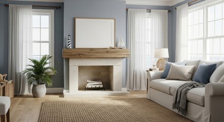 Elegant and cozy living room with fireplace and large windows creating a bright inviting space